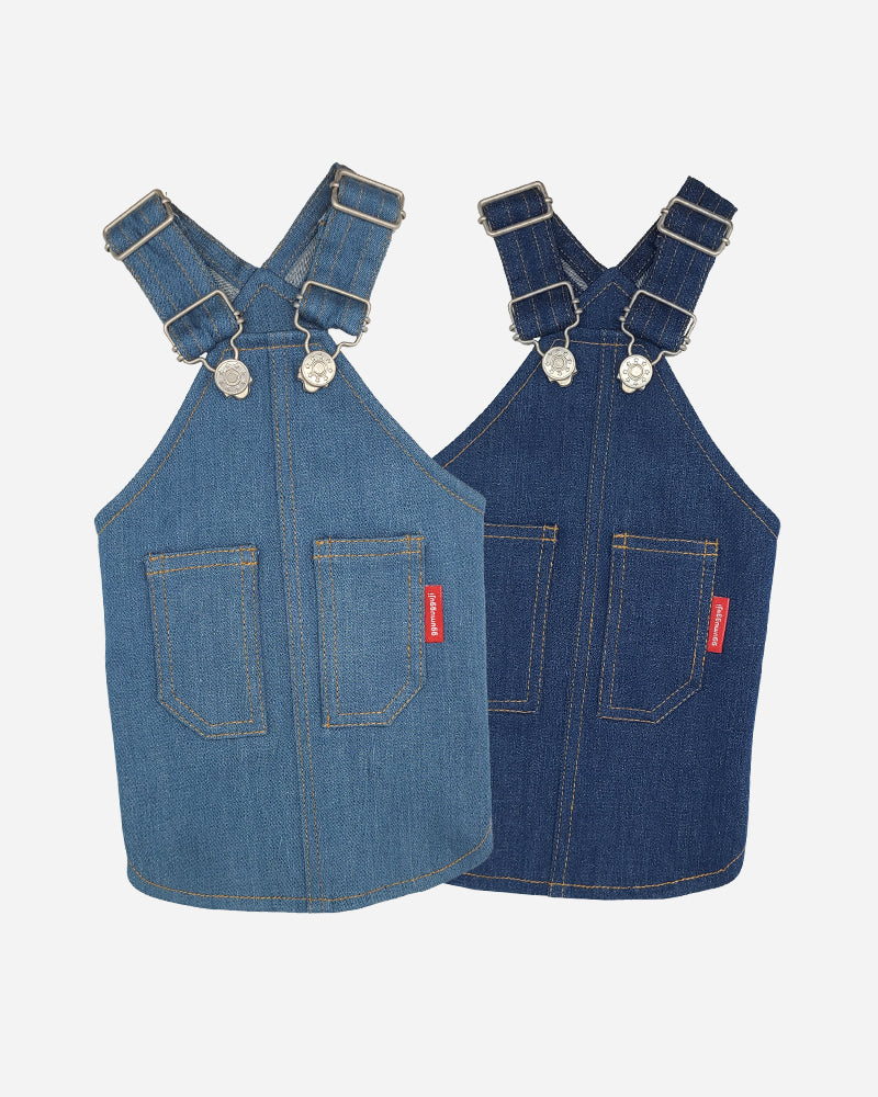 【預購】牛仔雙口袋吊帶裙– 淺藍／深藍