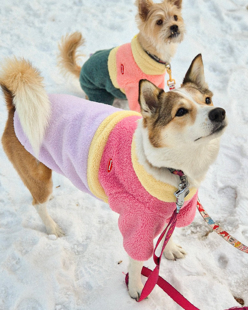 【預購】Fleece 粉嫩撞色刷毛狗狗上衣－粉紫